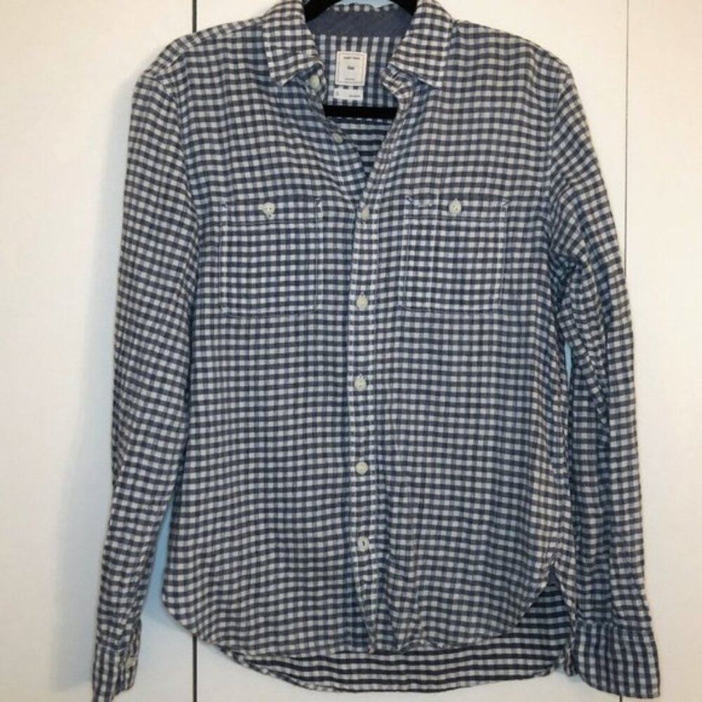 Gap Cotton Linen Blend Navy and Light Blue Check Button Down Shirt Size Small